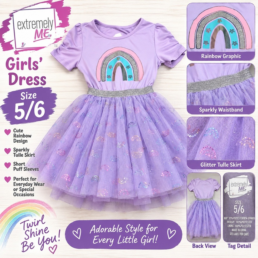 Extremely Me Girls Purple Rainbow Tulle Tutu Dress Size 5/6 Sparkly Waistband